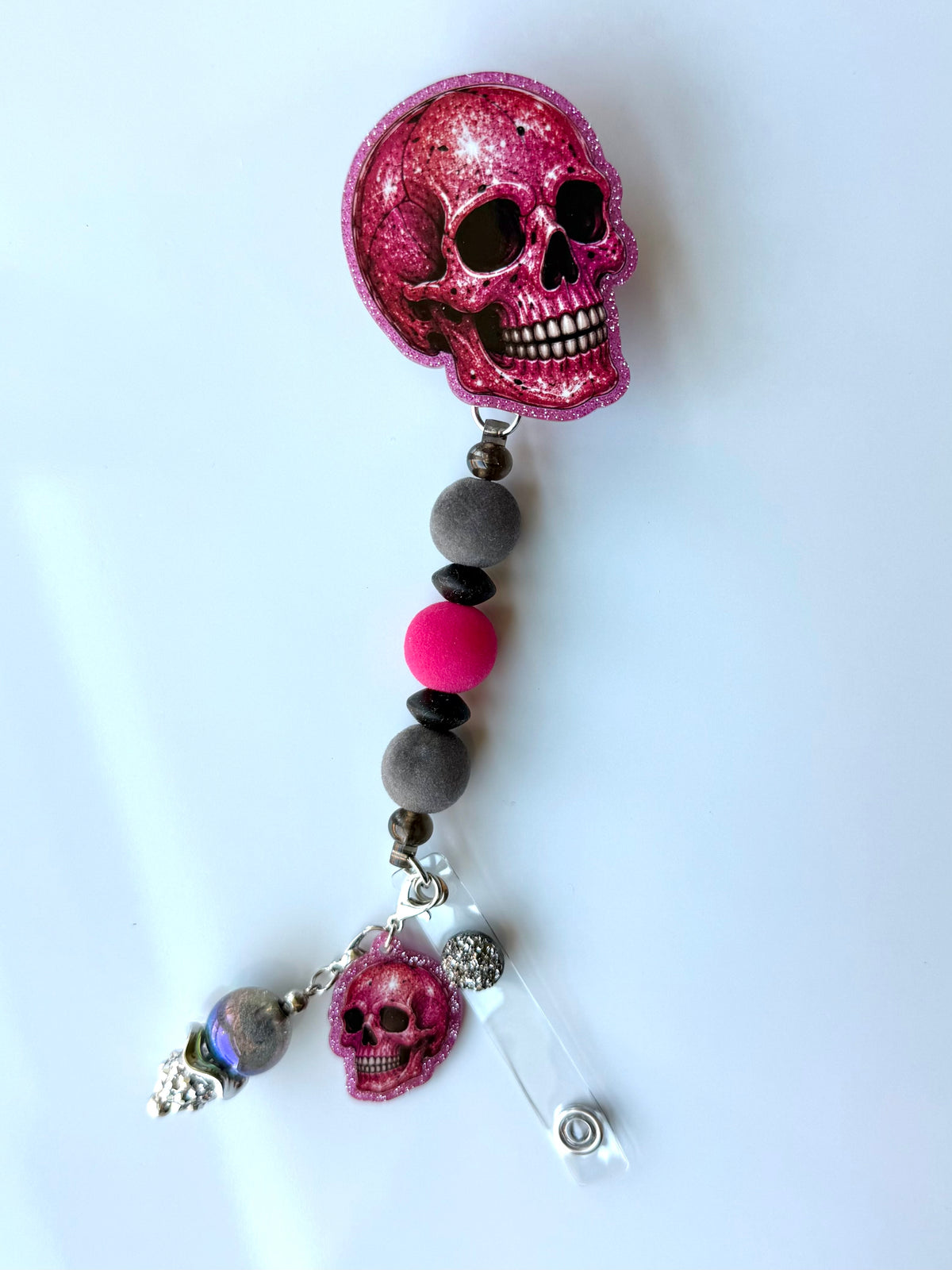 Pink Skull Beaded Interchangeable Badge Reel