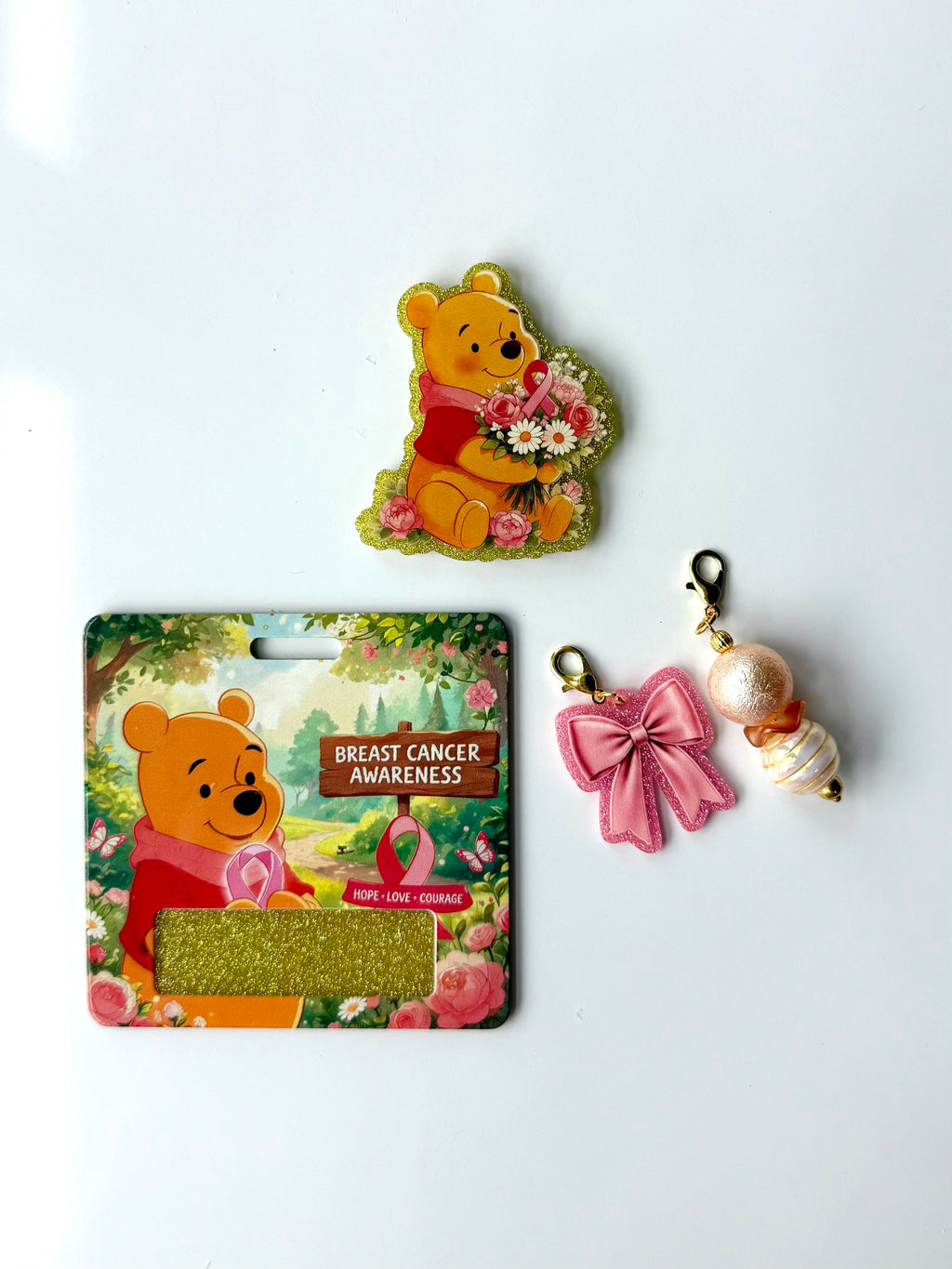 Breast Cancer Pooh Bear Awareness Interchangeable Badge Reel Buddy