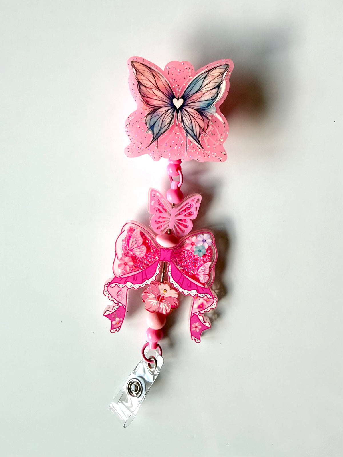 Pink Butterfly Beaded Interchangeable Badge Reel