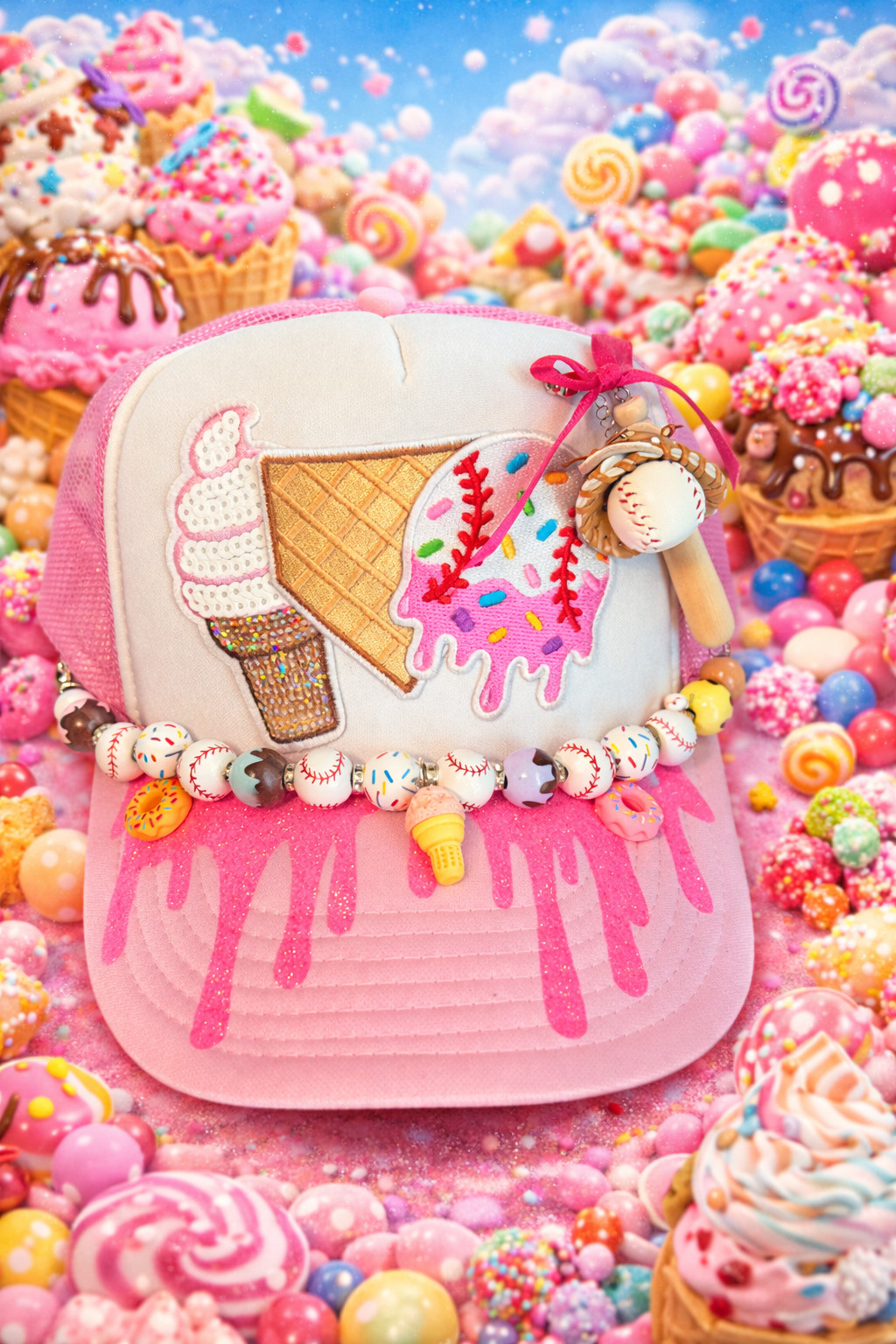 Pink & White Baseball Drip Trucker Hat