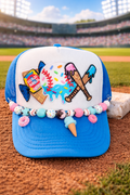 Neon Blue & White Baseball Drip Trucker Hat
