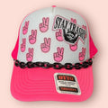 Neon Pink & White Stay Trashy Raccoon Trucker Hat