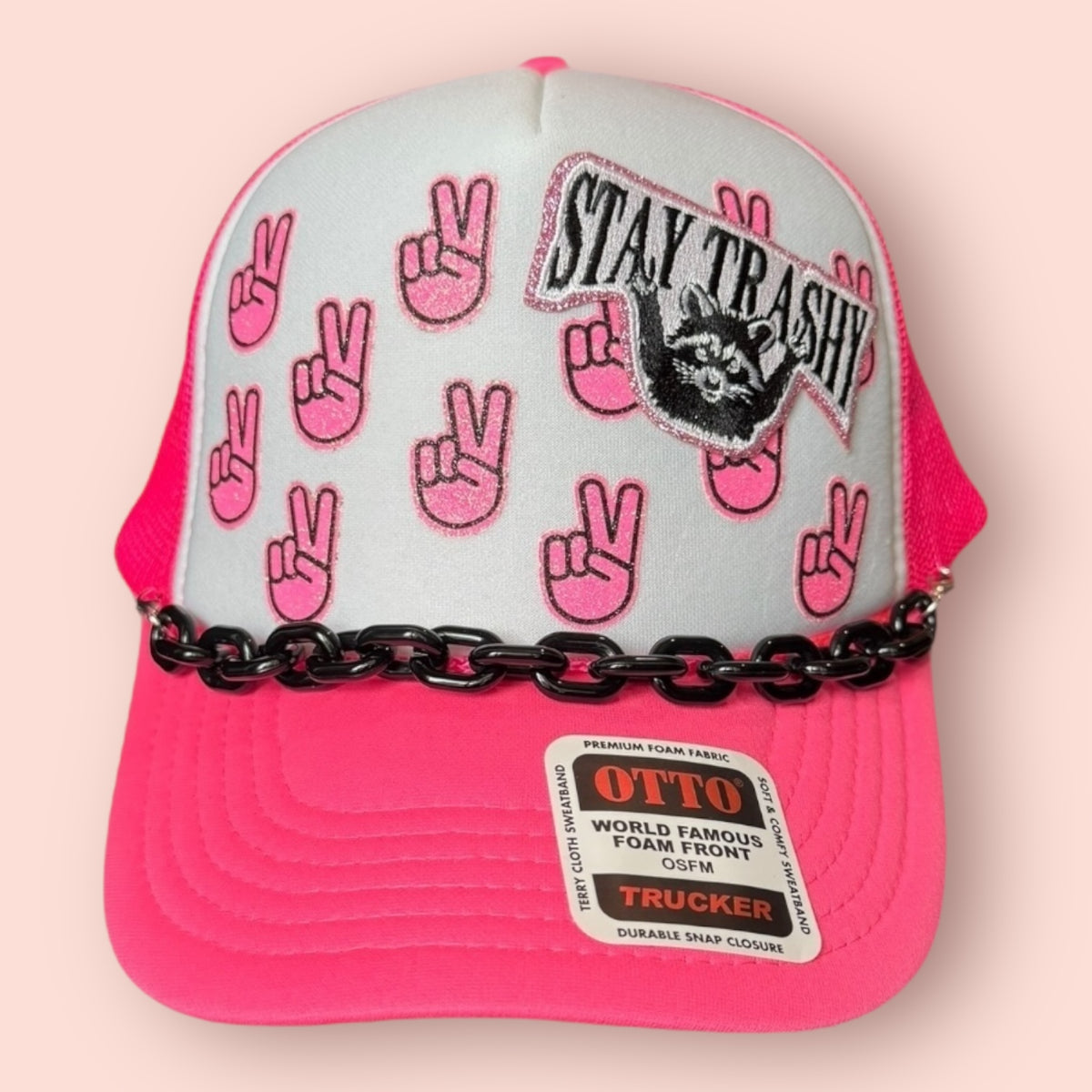 Neon Pink & White Stay Trashy Raccoon Trucker Hat