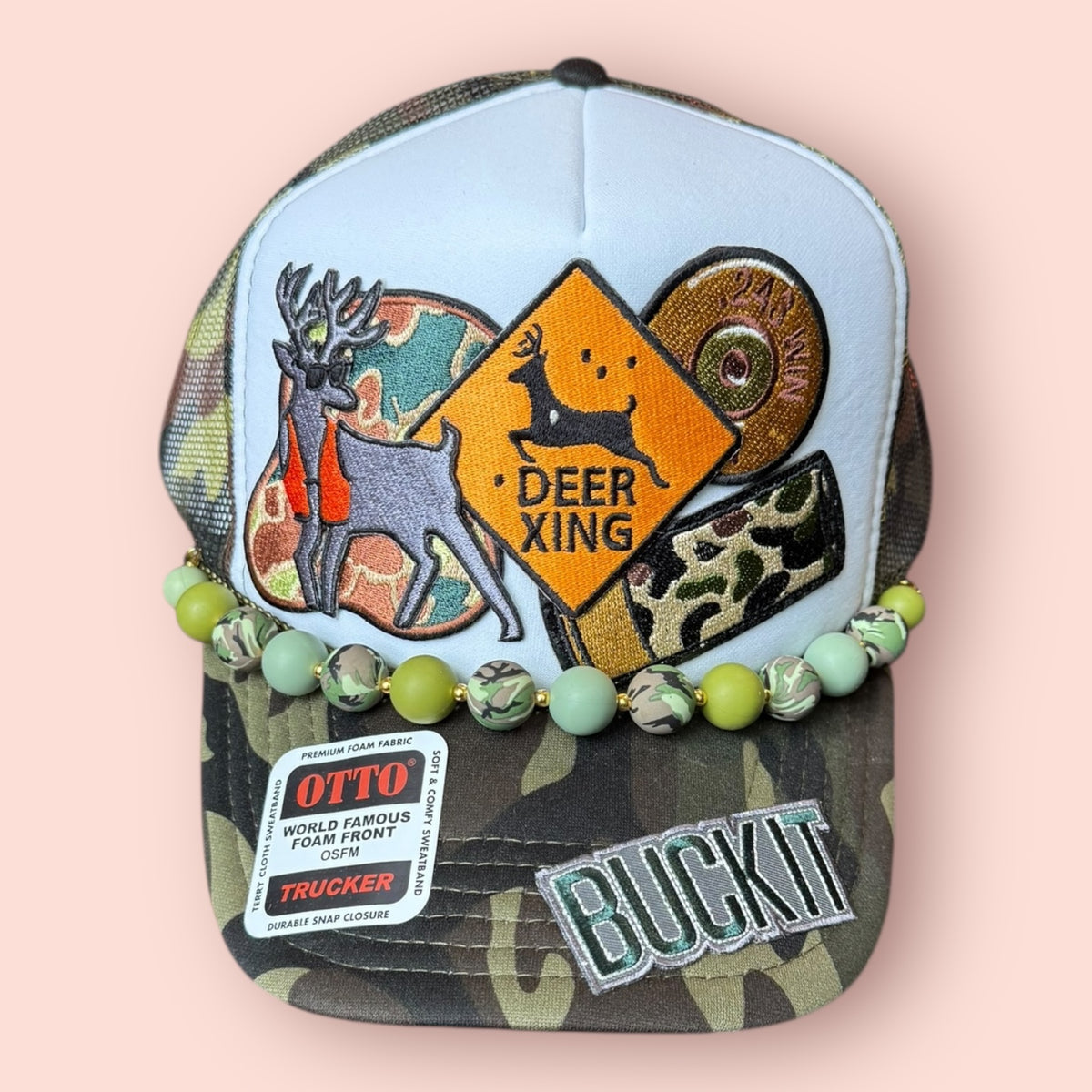 Camo & White DEER XING Trucker Hat